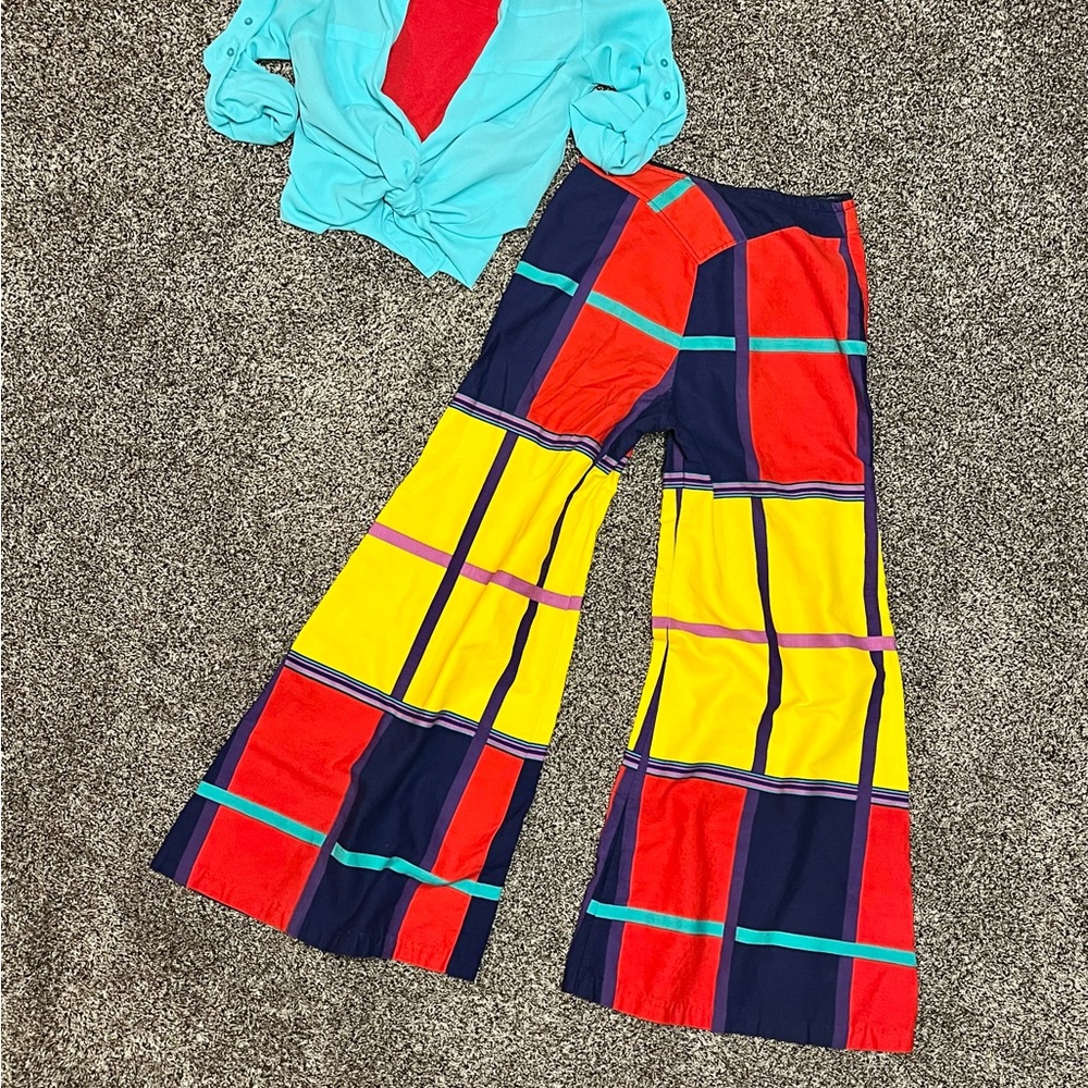 RARE Vintage 70s High Waist Bold Color Block Wide Bell Leg Pants USA Made Size S